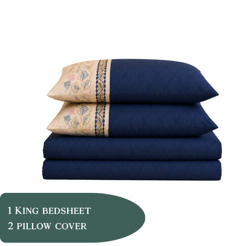 Italian Embroidery 3Pcs King Bedsheet Set (1 Bedsheet, 2 Pillow Covers), Blu Notte