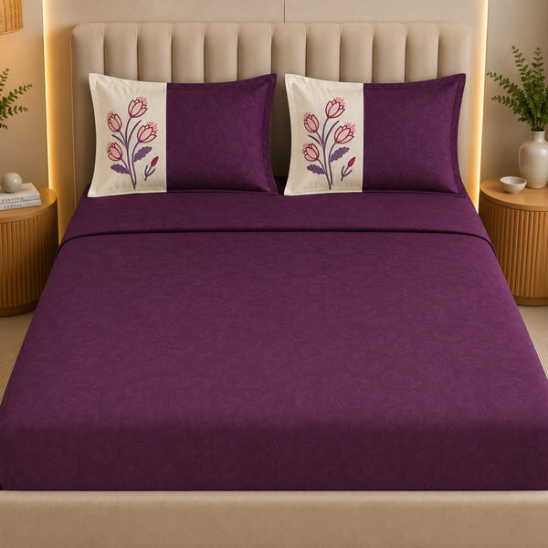 Italian Embroidery 3Pcs King Bedsheet Set (1 Bedsheet, 2 Pillow Covers), Bordeaux