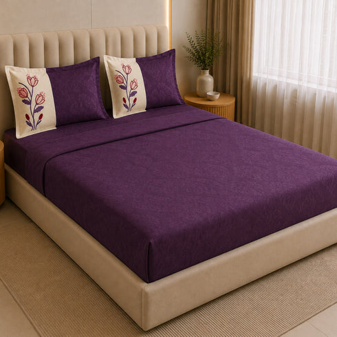 Italian Embroidery 3Pcs King Bedsheet Set (1 Bedsheet, 2 Pillow Covers), Bordeaux
