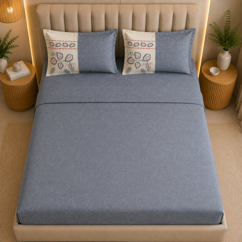 Italian Embroidery 3Pcs King Bedsheet Set (1 Bedsheet, 2 Pillow Covers), Grigio