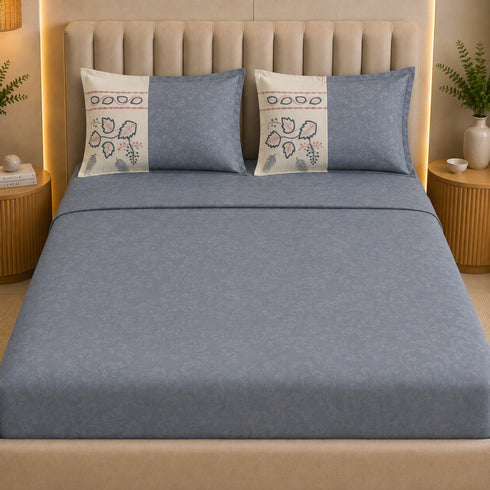 Italian Embroidery 3Pcs King Bedsheet Set (1 Bedsheet, 2 Pillow Covers), Grigio