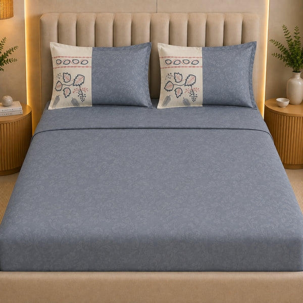 Italian Embroidery 3Pcs King Bedsheet Set (1 Bedsheet, 2 Pillow Covers), Grigio