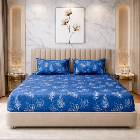 Cloud Soft Indigo Bloom King Size Bedsheet Set (1 Bedsheet, 2 Pillow Covers)