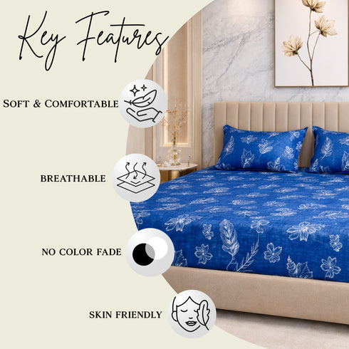 Cloud Soft Indigo Bloom King Size Bedsheet Set (1 Bedsheet, 2 Pillow Covers)