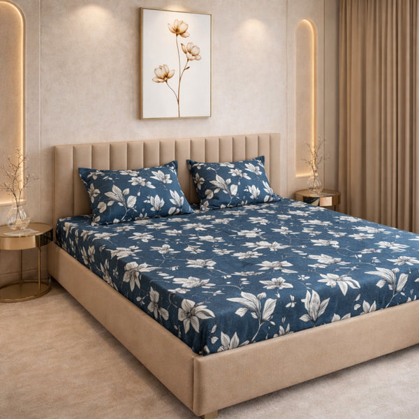 Cloud Soft Blue Magnolia King Size Bedsheet Set (1 Bedsheet, 2 Pillow Covers)