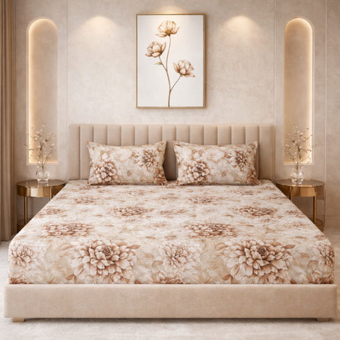 Cloud Soft Mocha Bloom King Size Bedsheet Set (1 Bedsheet, 2 Pillow Covers)