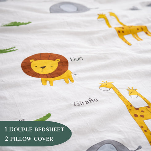 Kinder Soft Jungle Safari Double Bedsheet Set (1 Bedsheet, 2 Pillow Covers)
