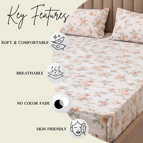 Night Bloom English Blossom Double Bedsheet Set (1 Bedsheet, 2 Pillow Covers)