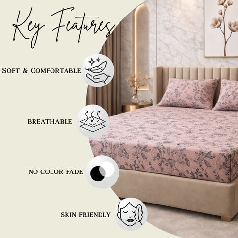 Night Bloom Rosewood Grove Double Bedsheet Set (1 Bedsheet, 2 Pillow Covers)