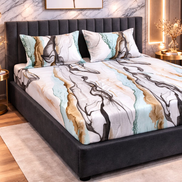 Night Bloom Aqua Marble Double Bedsheet Set (1 Bedsheet, 2 Pillow Covers)