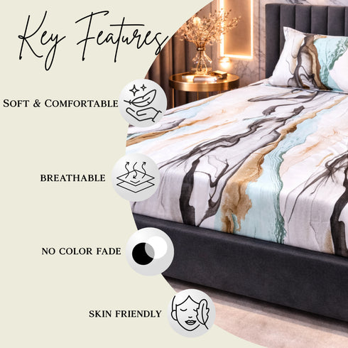 Night Bloom Aqua Marble Double Bedsheet Set (1 Bedsheet, 2 Pillow Covers)