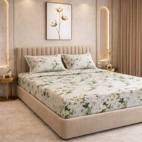 Night Bloom Ivory Bloom Double Bedsheet Set (1 Bedsheet, 2 Pillow Covers)