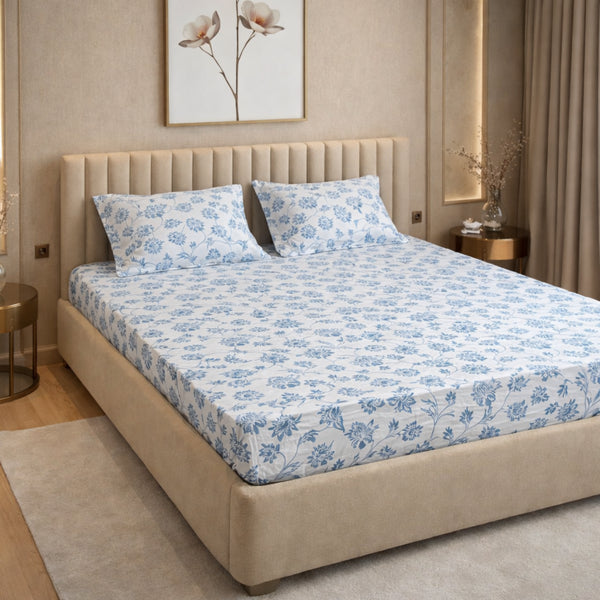 Night Bloom Azure Heritage Double Bedsheet Set (1 Bedsheet, 2 Pillow Covers)