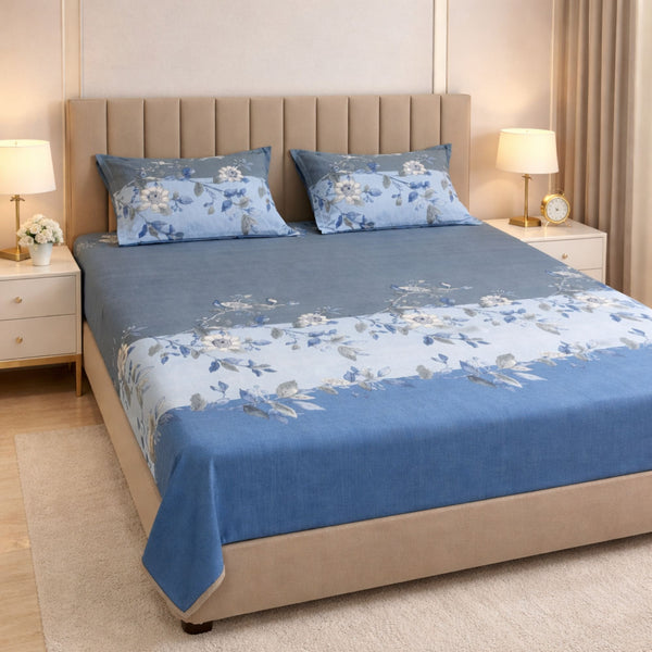Night Bloom Blue Horizon Double Bedsheet Set (1 Bedsheet, 2 Pillow Covers)