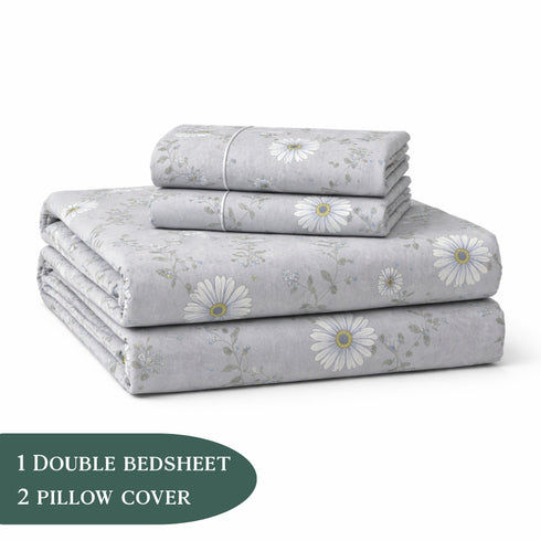 Night Bloom Silver Daisy Double Bedsheet Set (1 Bedsheet, 2 Pillow Covers)