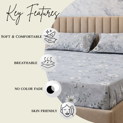 Night Bloom Silver Daisy Double Bedsheet Set (1 Bedsheet, 2 Pillow Covers)