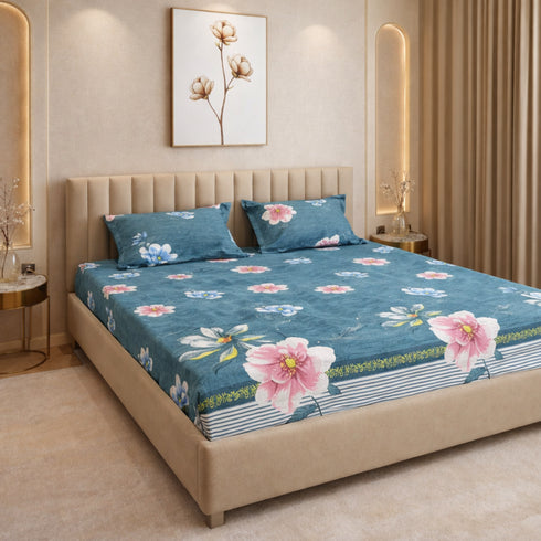 Night Bloom Royal Teal Flora Double Bedsheet Set (1 Bedsheet, 2 Pillow Covers)
