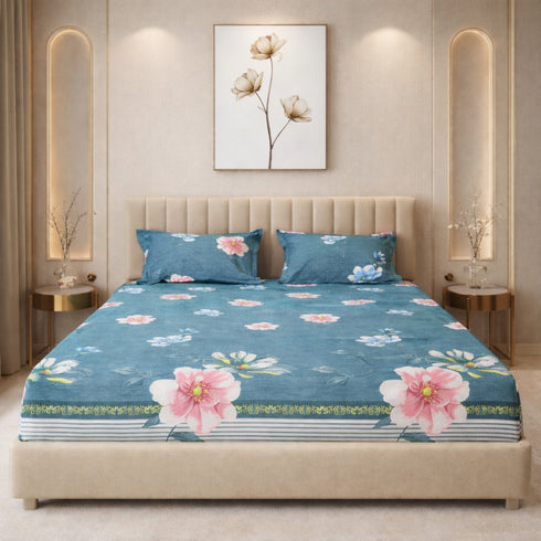 Night Bloom Royal Teal Flora Double Bedsheet Set (1 Bedsheet, 2 Pillow Covers)