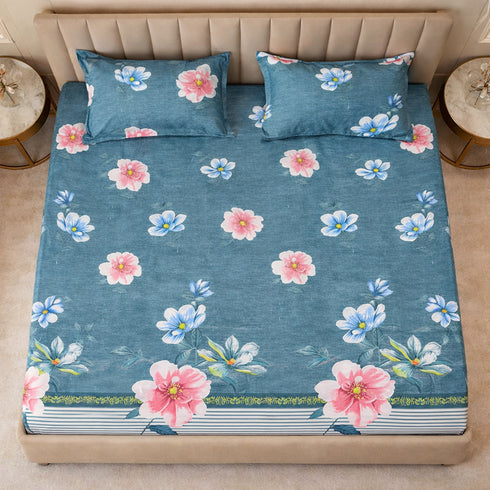 Night Bloom Royal Teal Flora Double Bedsheet Set (1 Bedsheet, 2 Pillow Covers)
