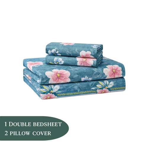 Night Bloom Royal Teal Flora Double Bedsheet Set (1 Bedsheet, 2 Pillow Covers)