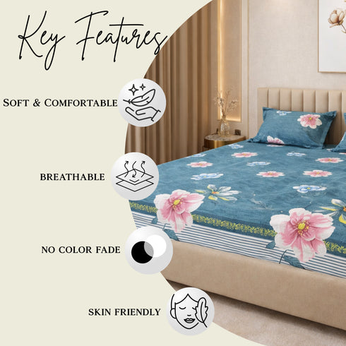 Night Bloom Royal Teal Flora Double Bedsheet Set (1 Bedsheet, 2 Pillow Covers)