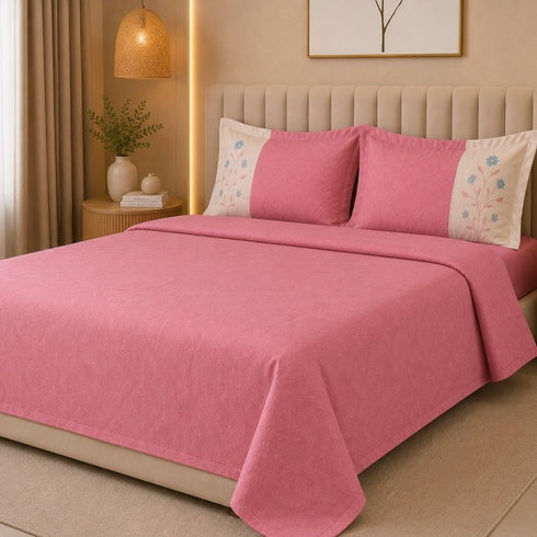 Italian Embroidery 3Pcs King Bedsheet Set (1 Bedsheet, 2 Pillow Covers), Rosa Cipria