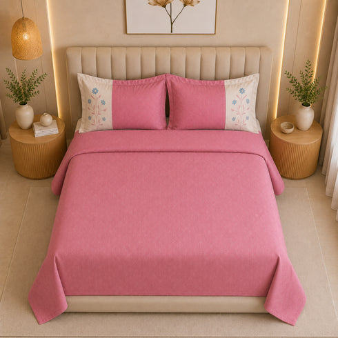 Italian Embroidery 3Pcs King Bedsheet Set (1 Bedsheet, 2 Pillow Covers), Rosa Cipria