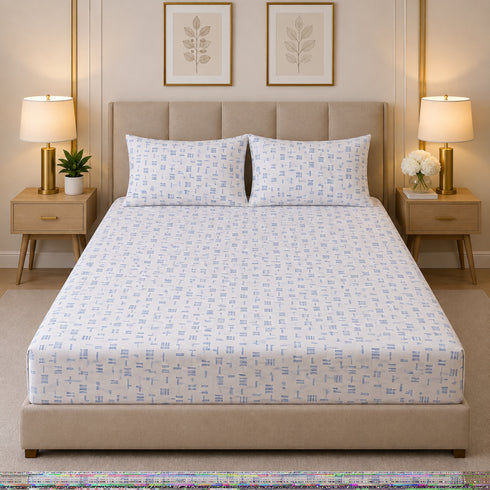 Indigo Grid King Size Bedsheet Set (1 Bedsheet, 2 Pillow Covers)