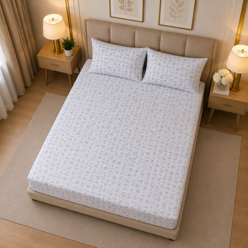 Indigo Grid King Size Bedsheet Set (1 Bedsheet, 2 Pillow Covers)